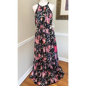 NWT Aidan Mattox Size 6 Black Floral Halter Tiered Maxi Dress Cut Out Waist